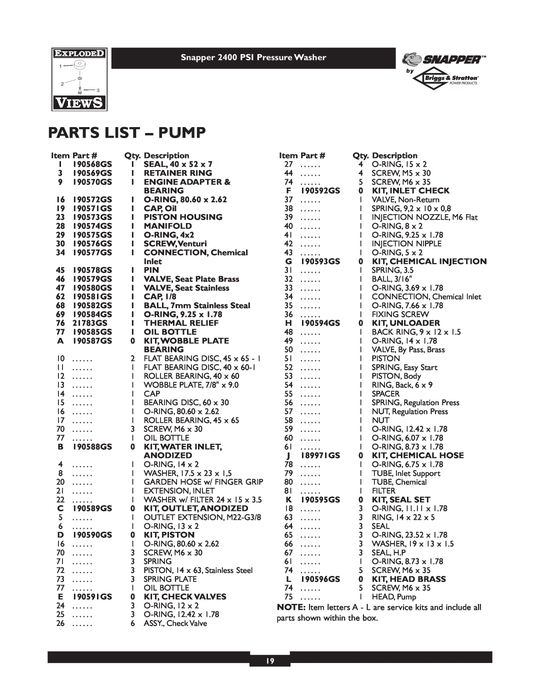 Snapper 1660-0 Parts List - Pump, Qty. Description, 190568GS, SEAL, 40 x, 190569GS, Retainer Ring, 190570GS, Bearing 