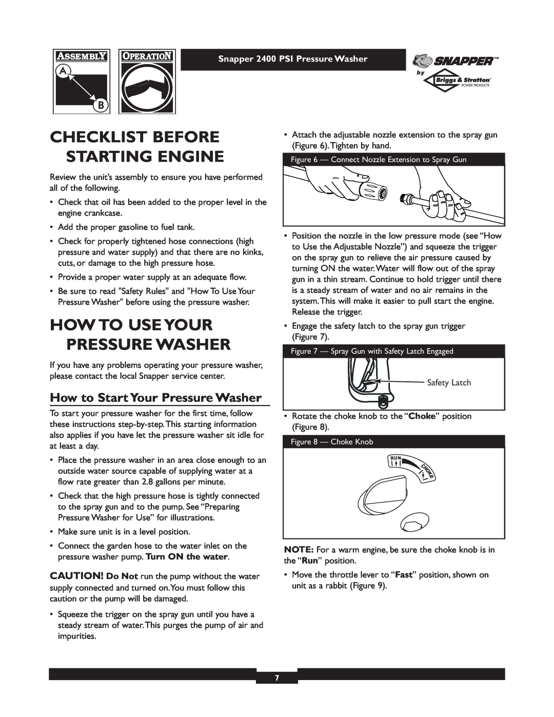 Snapper 1660-0 Checklist Before Starting Engine, How To Use Your Pressure Washer, How to Start Your Pressure Washer 