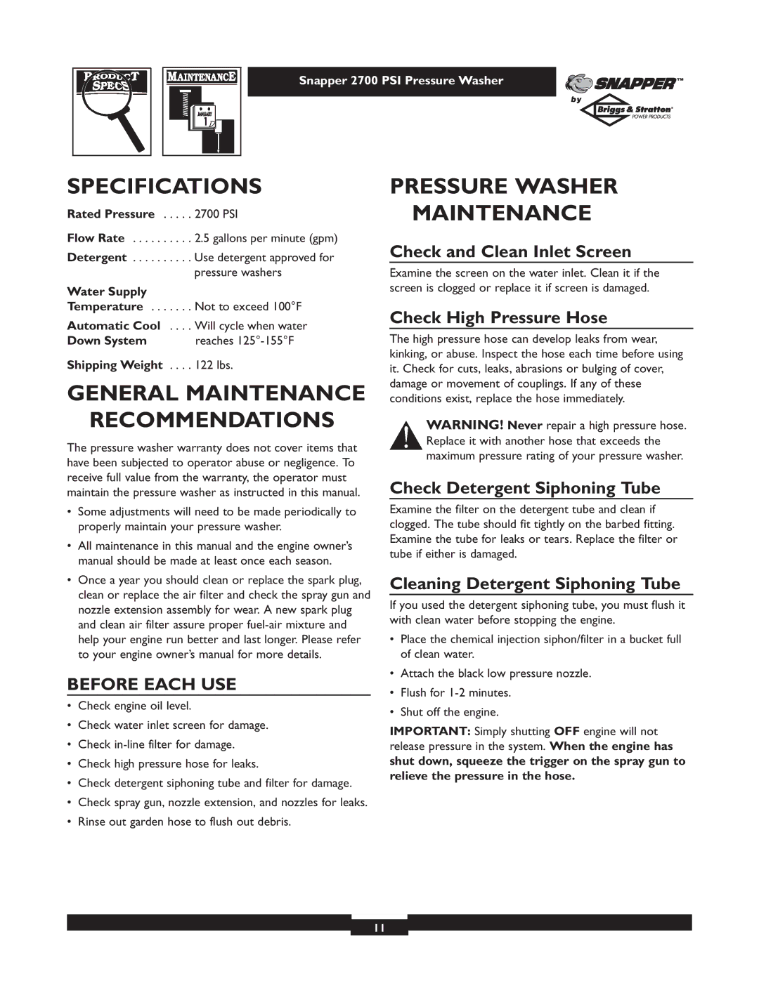 Snapper 1661-0 owner manual Specifications, General Maintenance Recommendations, Pressure Washer Maintenance 