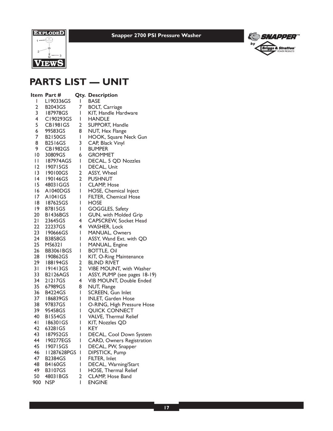 Snapper 1661-0 owner manual Parts List Unit, Qty Description 