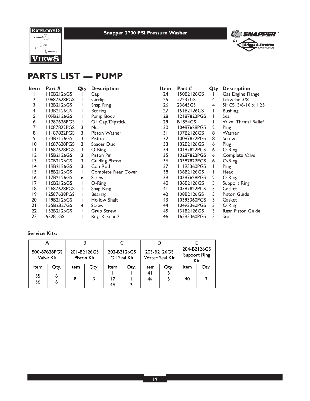 Snapper 1661-0 owner manual Parts List Pump, Service Kits 