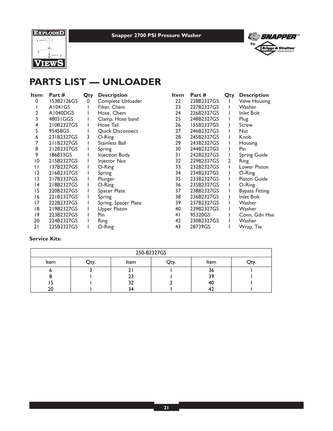 Snapper 1661-0 owner manual Parts List Unloader 