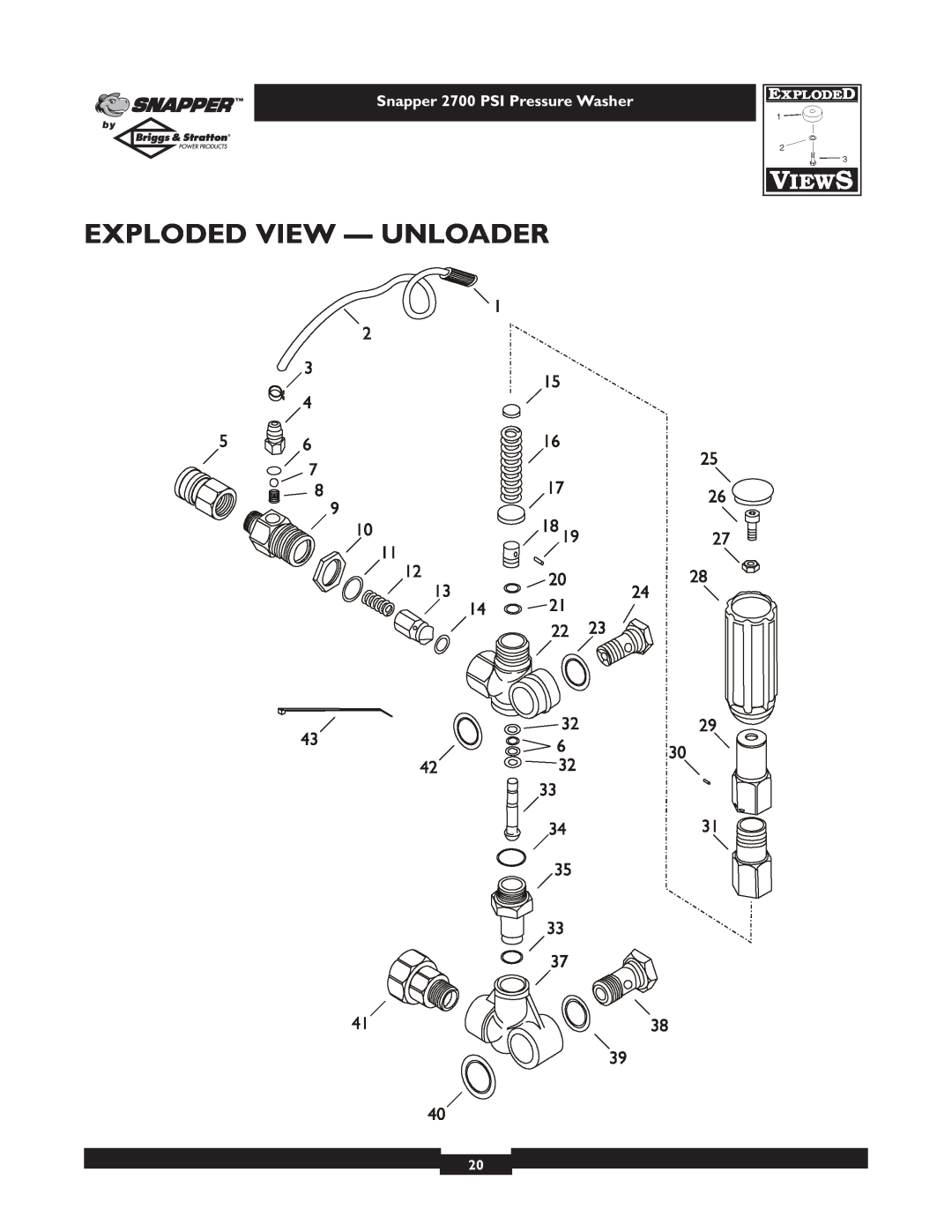 Snapper 1661-0 owner manual Exploded View - Unloader, Snapper 2700 PSI Pressure Washer 
