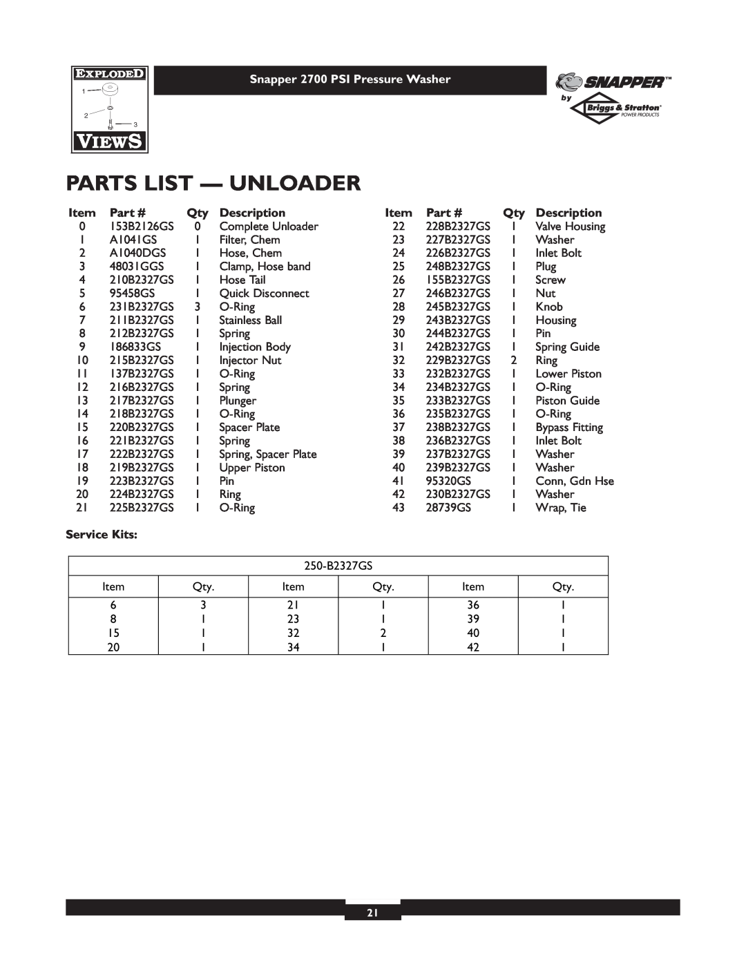 Snapper 1661-0 owner manual Parts List - Unloader, Snapper 2700 PSI Pressure Washer, Description, Service Kits 