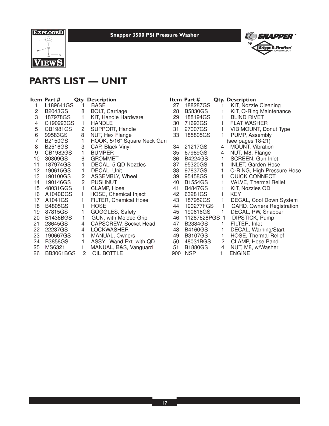 Snapper 1662-0 owner manual Parts List Unit, Qty Description 