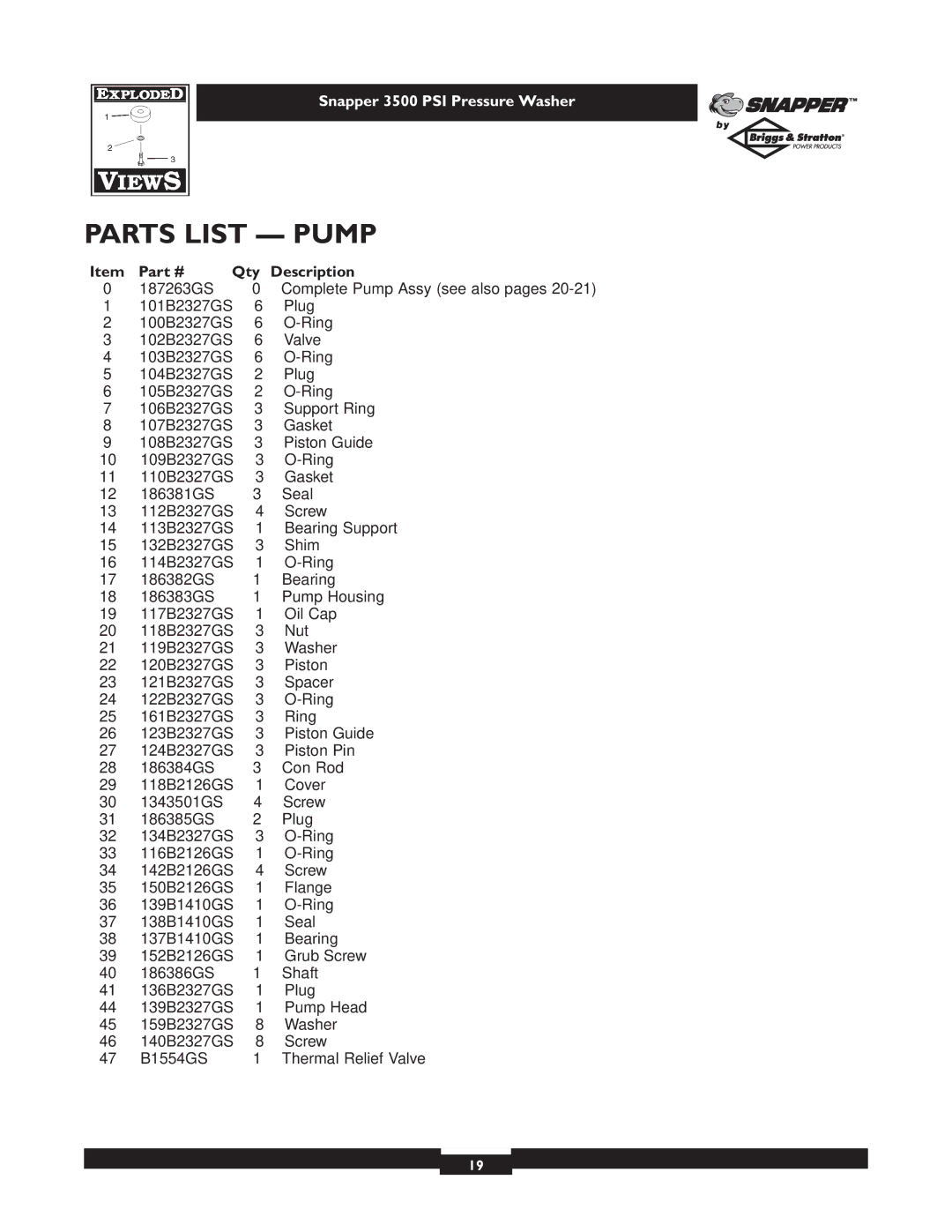 Snapper 1662-0 owner manual Parts List Pump 