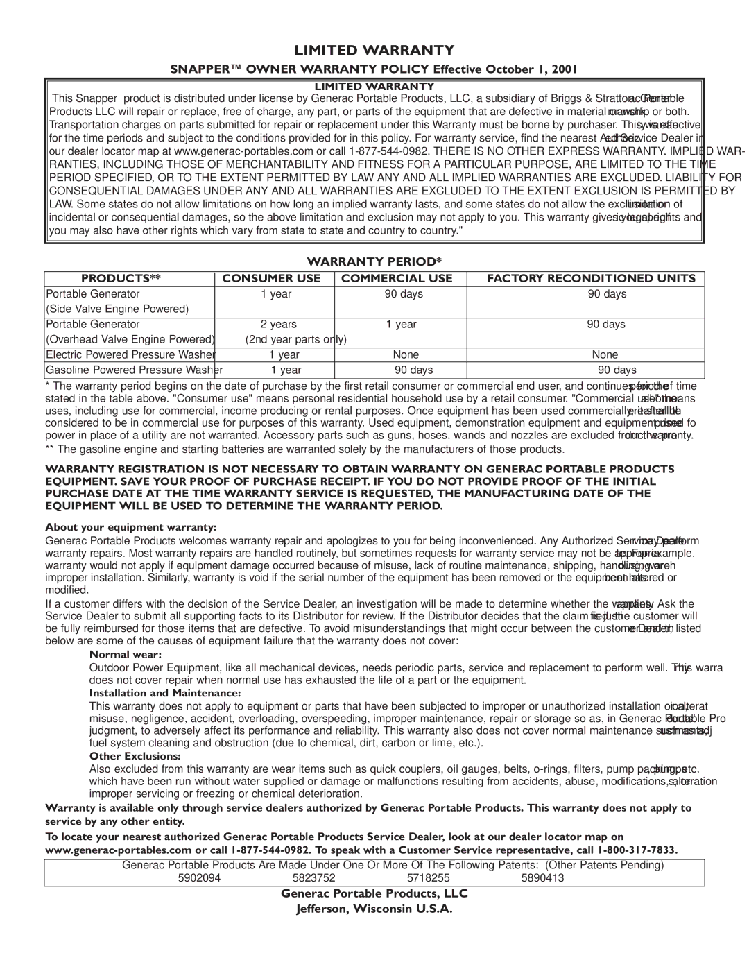 Snapper 1662-0 owner manual Snapper Owner Warranty Policy Effective October 1 