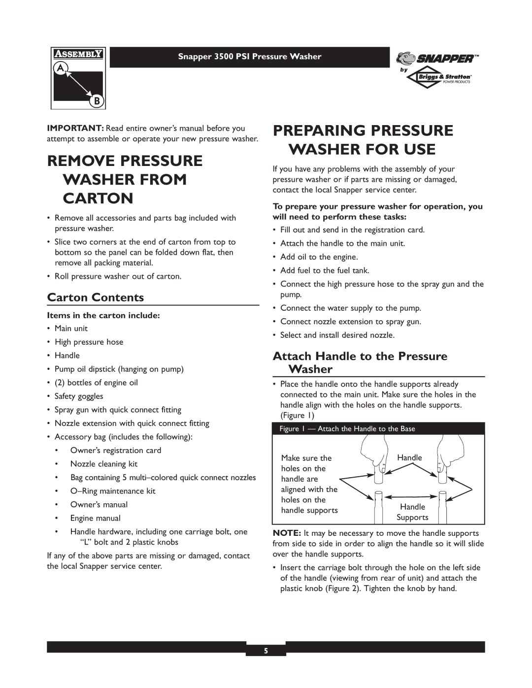 Snapper 1662-0 Remove Pressure Washer from Carton, Washer for USE, Carton Contents, Attach Handle to the Pressure Washer 