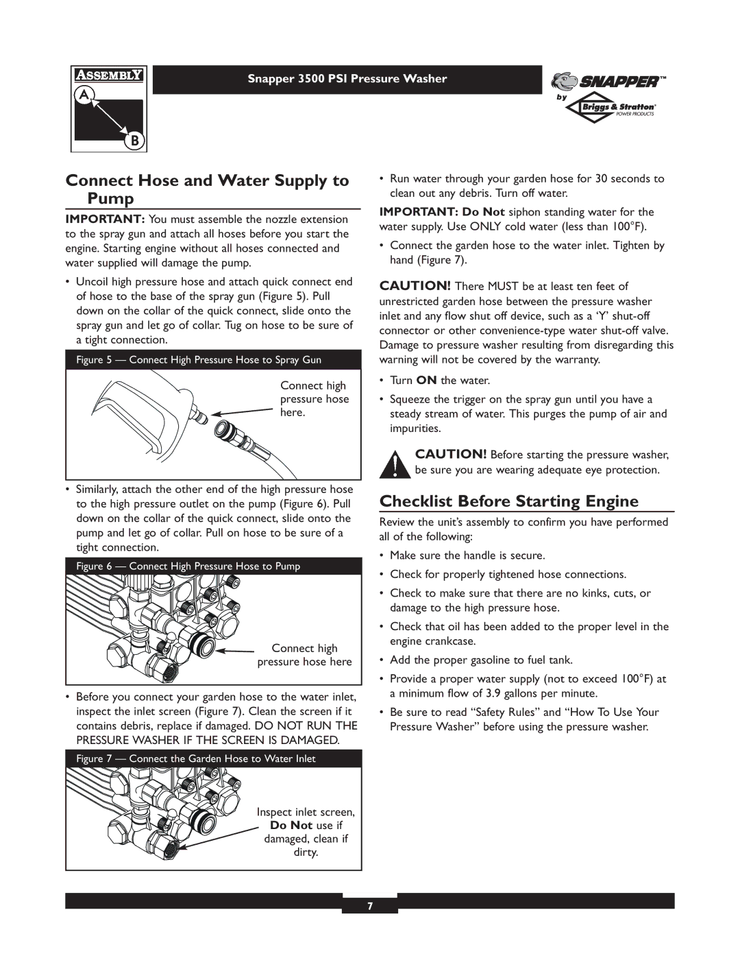 Snapper 1662-0 owner manual Connect Hose and Water Supply to Pump, Checklist Before Starting Engine, Do Not use if 