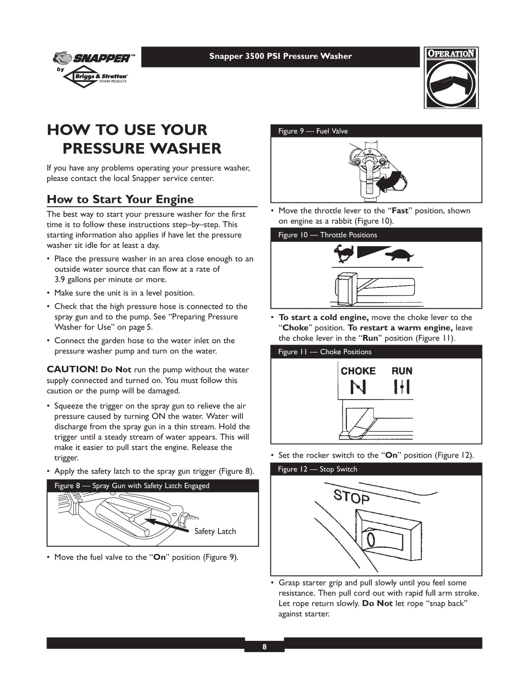 Snapper 1662-0 owner manual HOW to USE Your Pressure Washer, How to Start Your Engine 