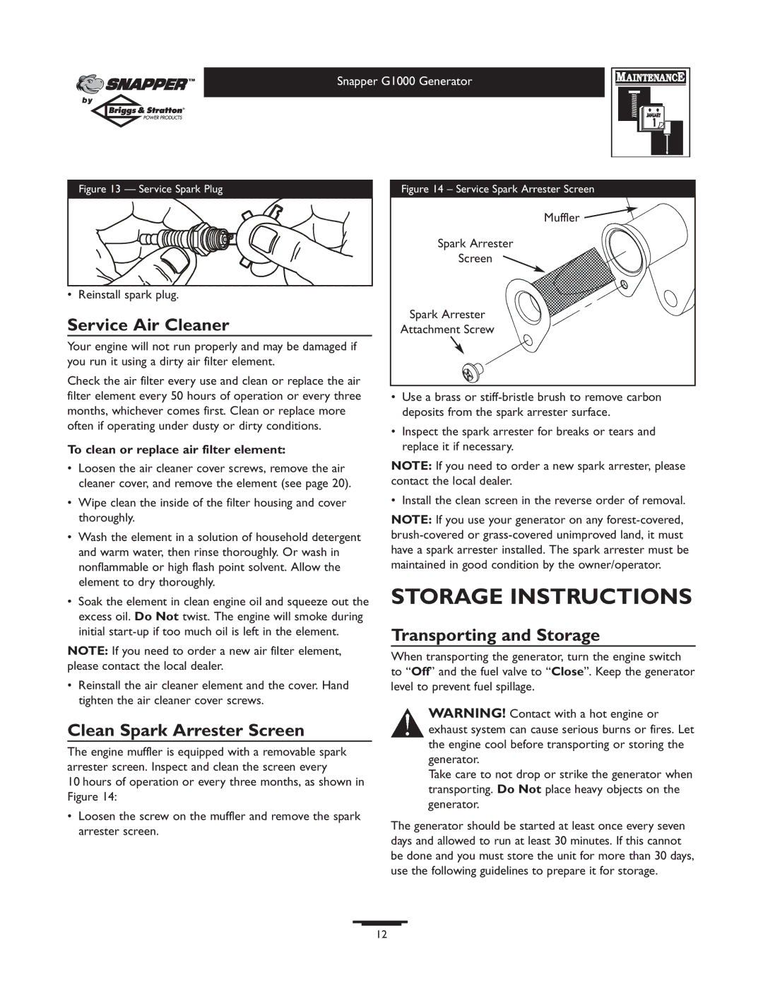 Snapper 1666-0 Storage Instructions, Service Air Cleaner, Clean Spark Arrester Screen, Transporting and Storage 