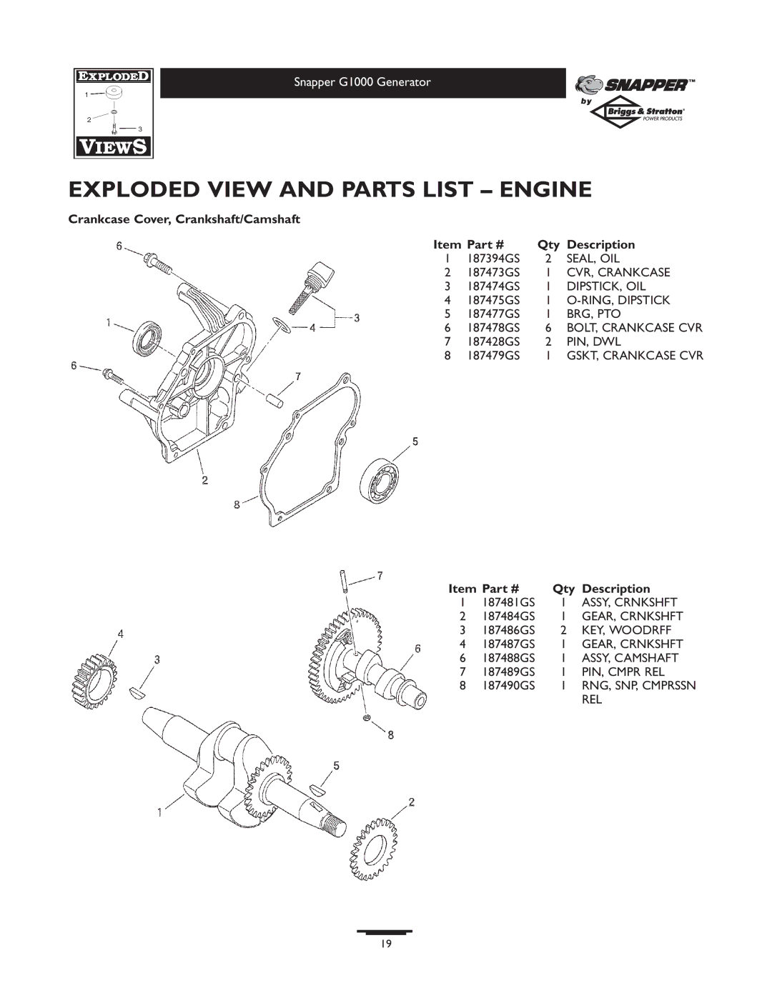 Snapper 1666-0 owner manual Crankcase Cover, Crankshaft/Camshaft Qty Description 