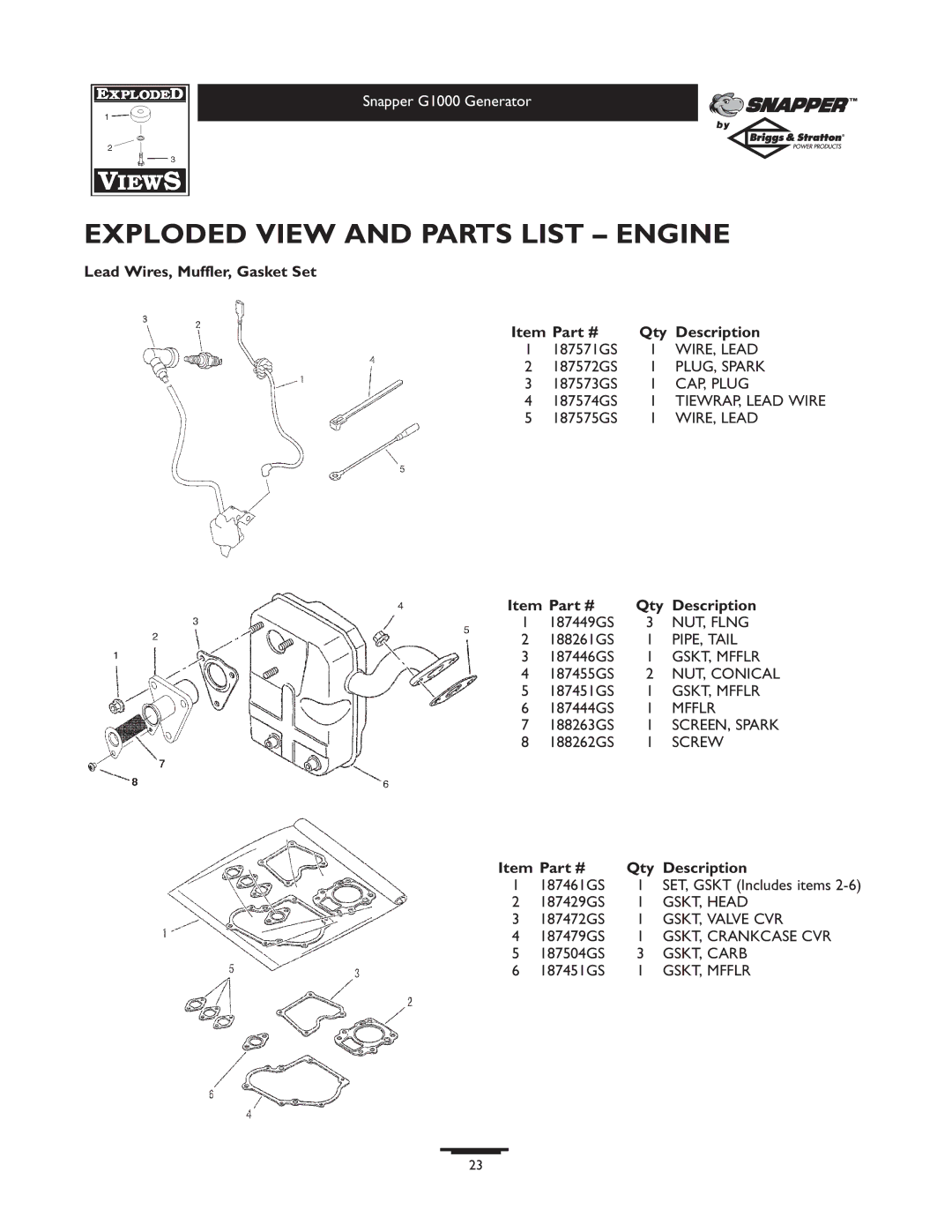 Snapper 1666-0 owner manual Lead Wires, Muffler, Gasket Set Qty Description 