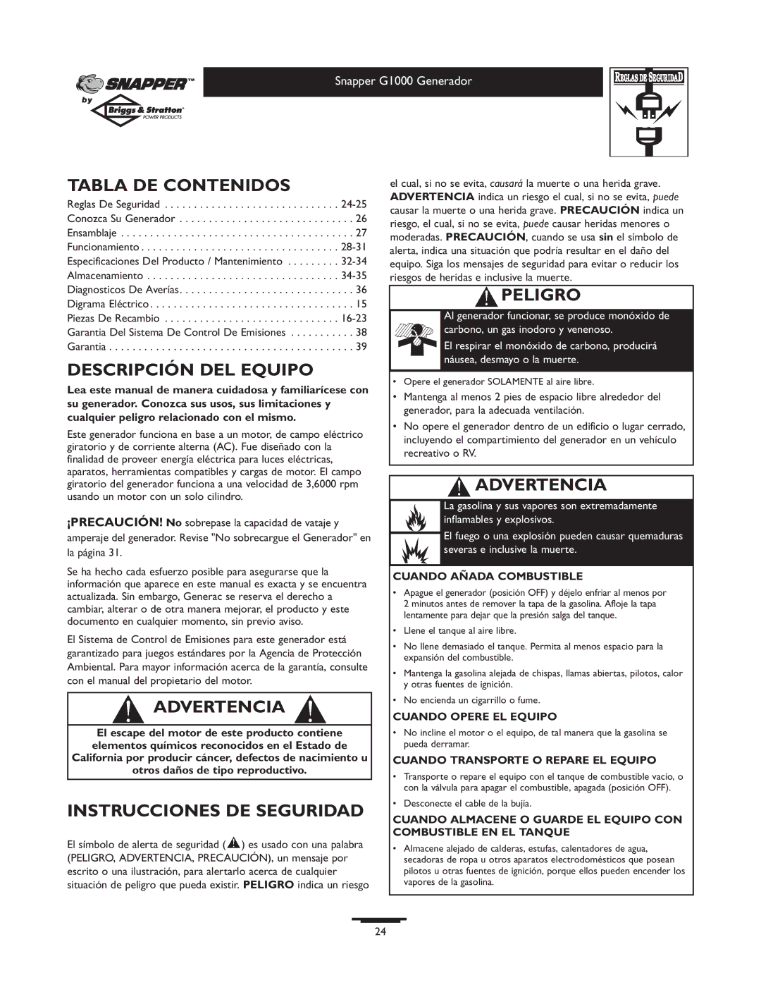 Snapper 1666-0 owner manual Tabla DE Contenidos, Descripción DEL Equipo, Advertencia, Instrucciones DE Seguridad, Peligro 