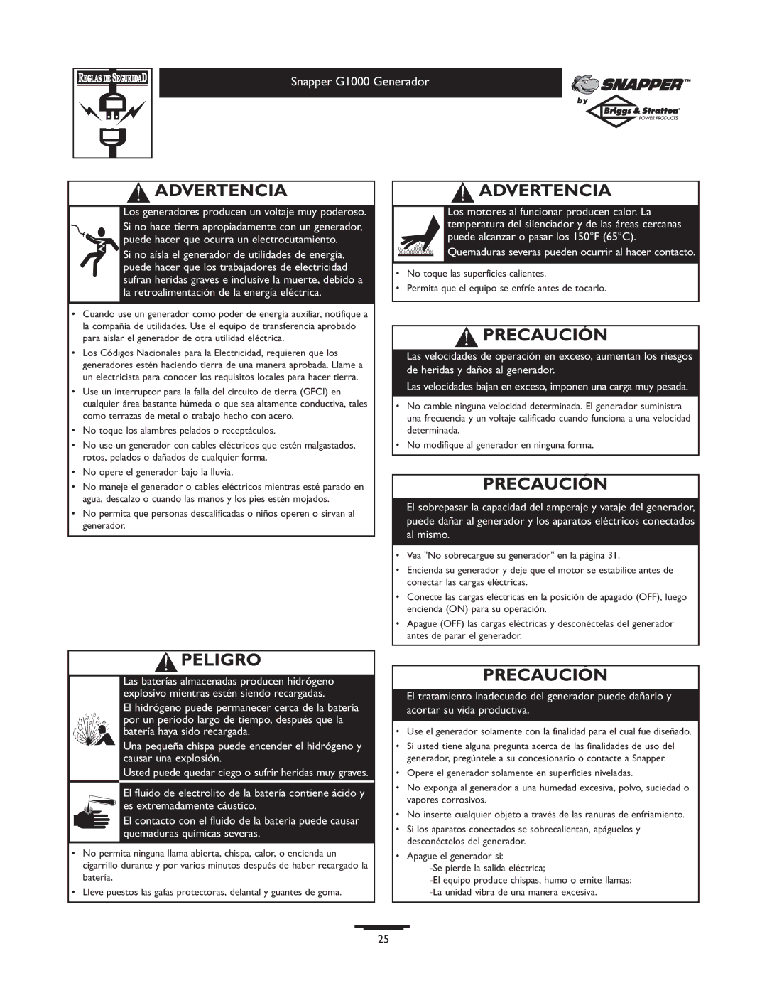 Snapper 1666-0 owner manual Precaución, Los generadores producen un voltaje muy poderoso 