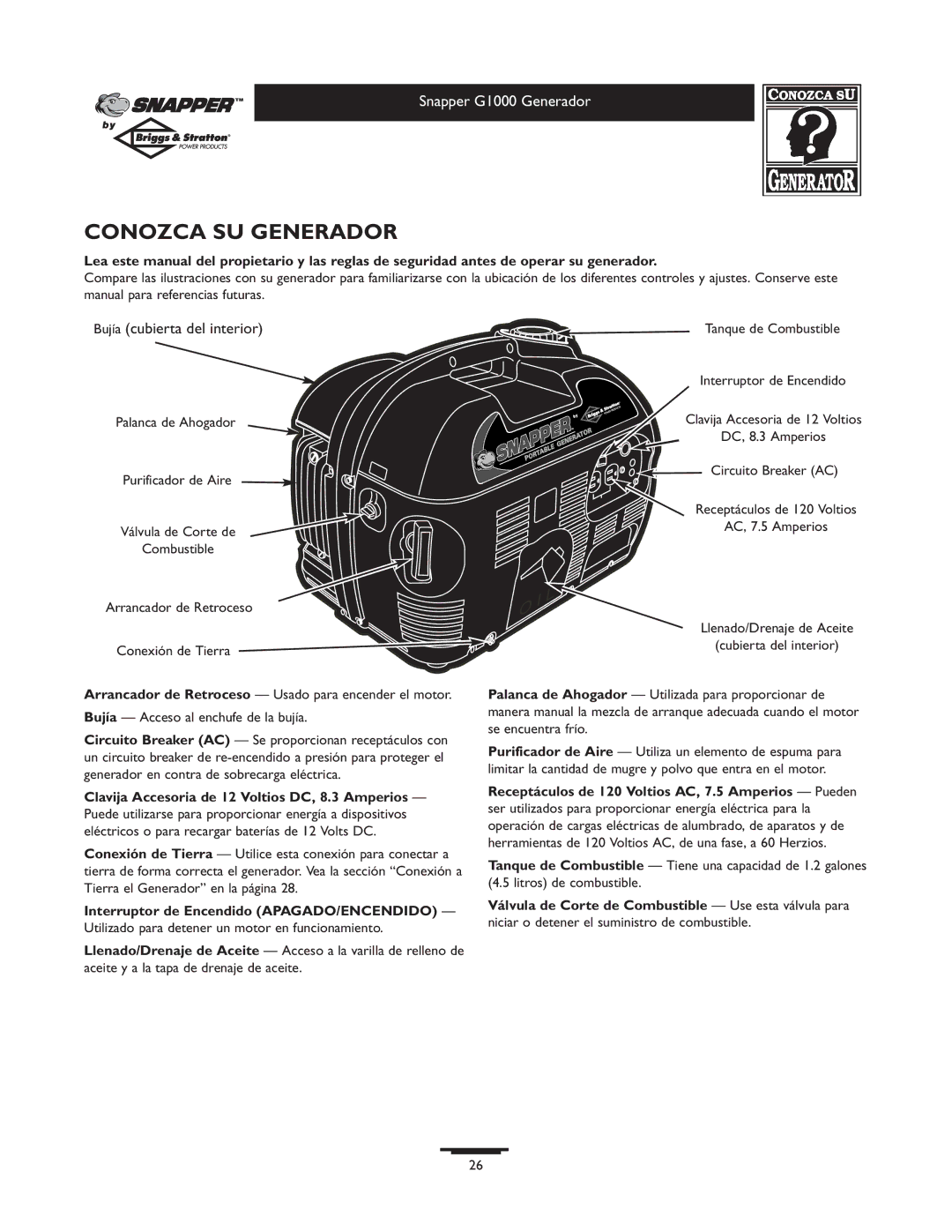 Snapper 1666-0 owner manual Conozca SU Generador, Bujía cubierta del interior 