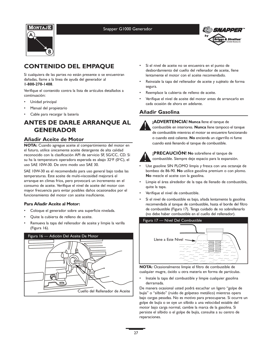 Snapper 1666-0 Contenido DEL Empaque, Antes DE Darle Arranque AL Generador, Añadir Aceite de Motor, Añadir Gasolina 