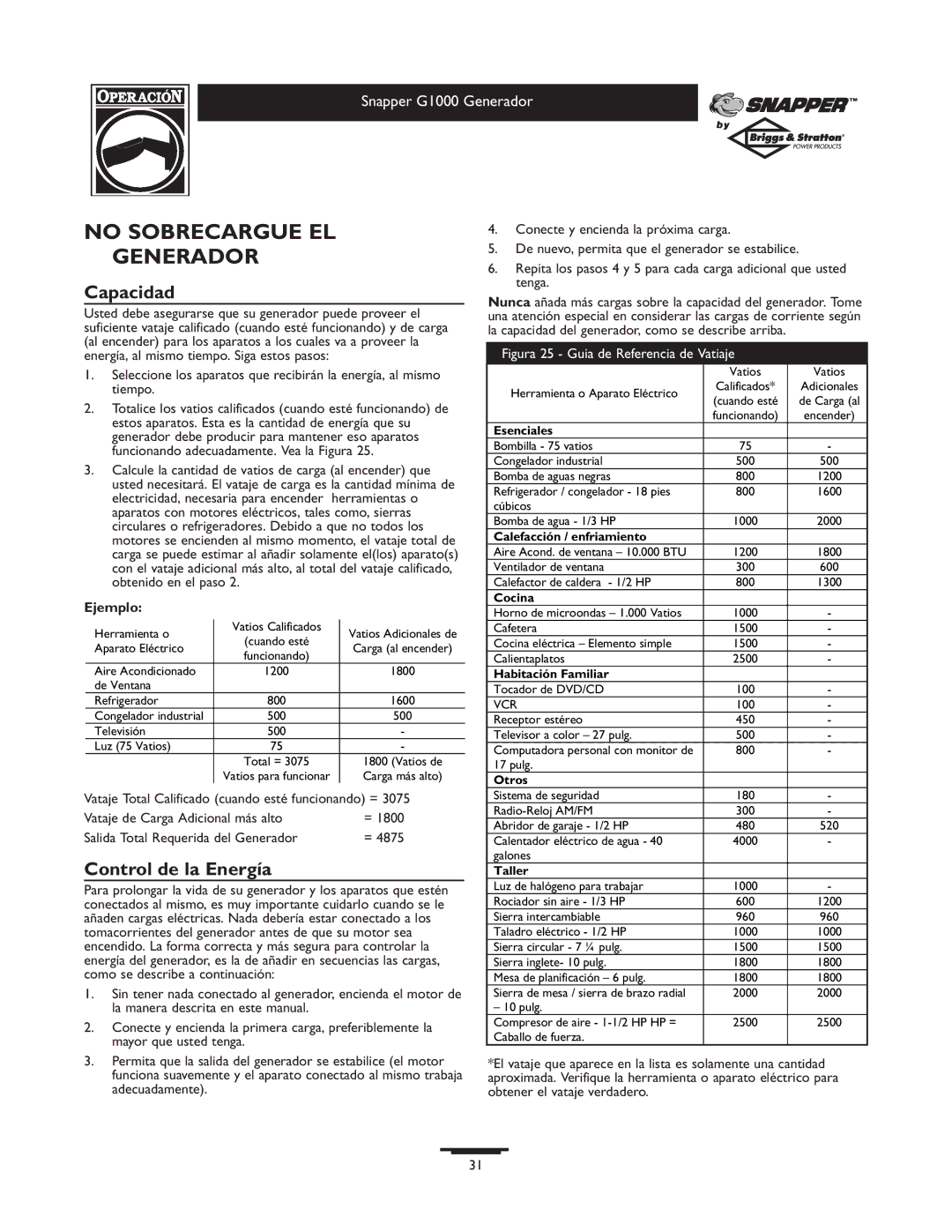 Snapper 1666-0 owner manual No Sobrecargue EL Generador, Capacidad, Control de la Energía, Ejemplo 