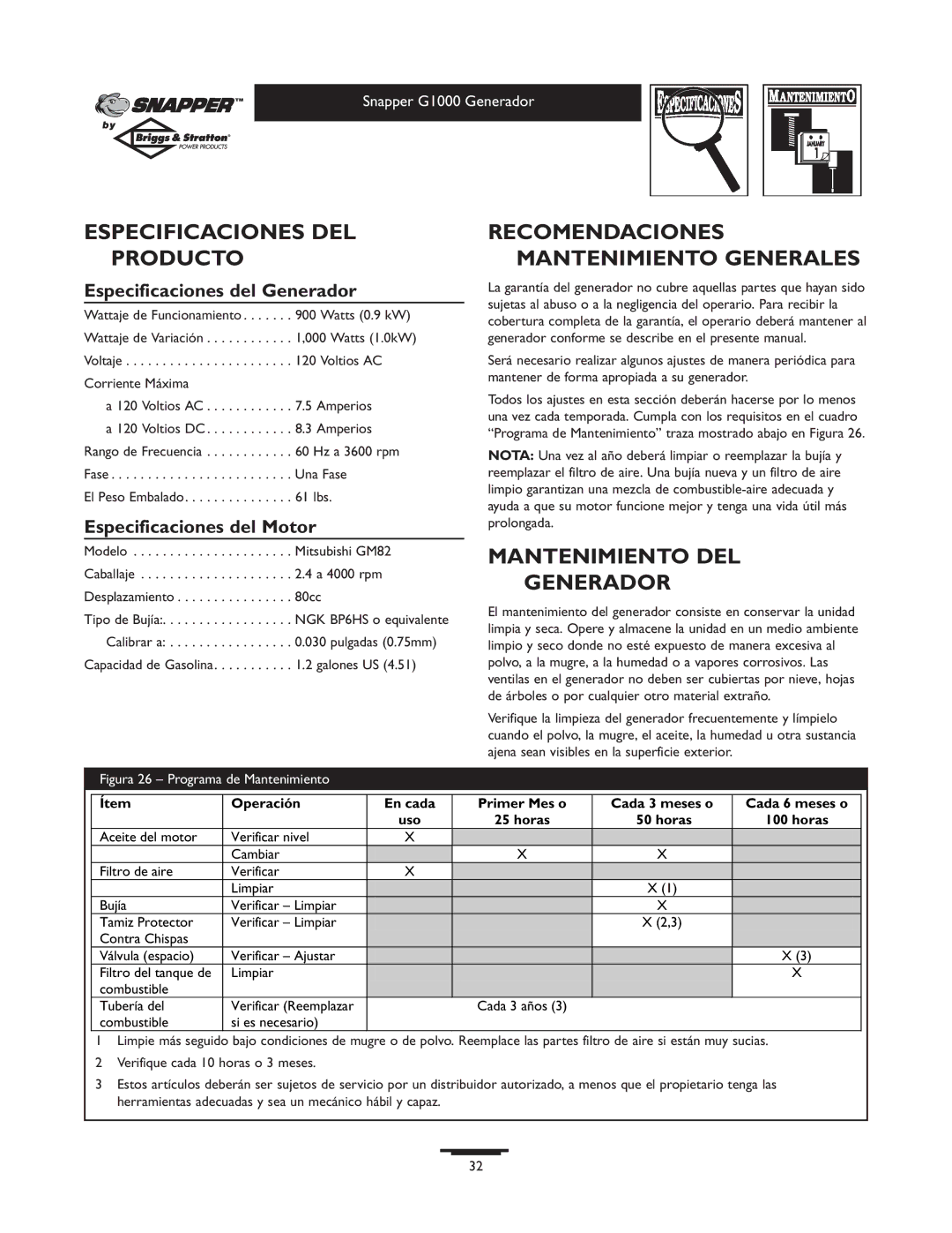 Snapper 1666-0 Especificaciones DEL Producto, Recomendaciones Mantenimiento Generales, Mantenimiento DEL Generador 