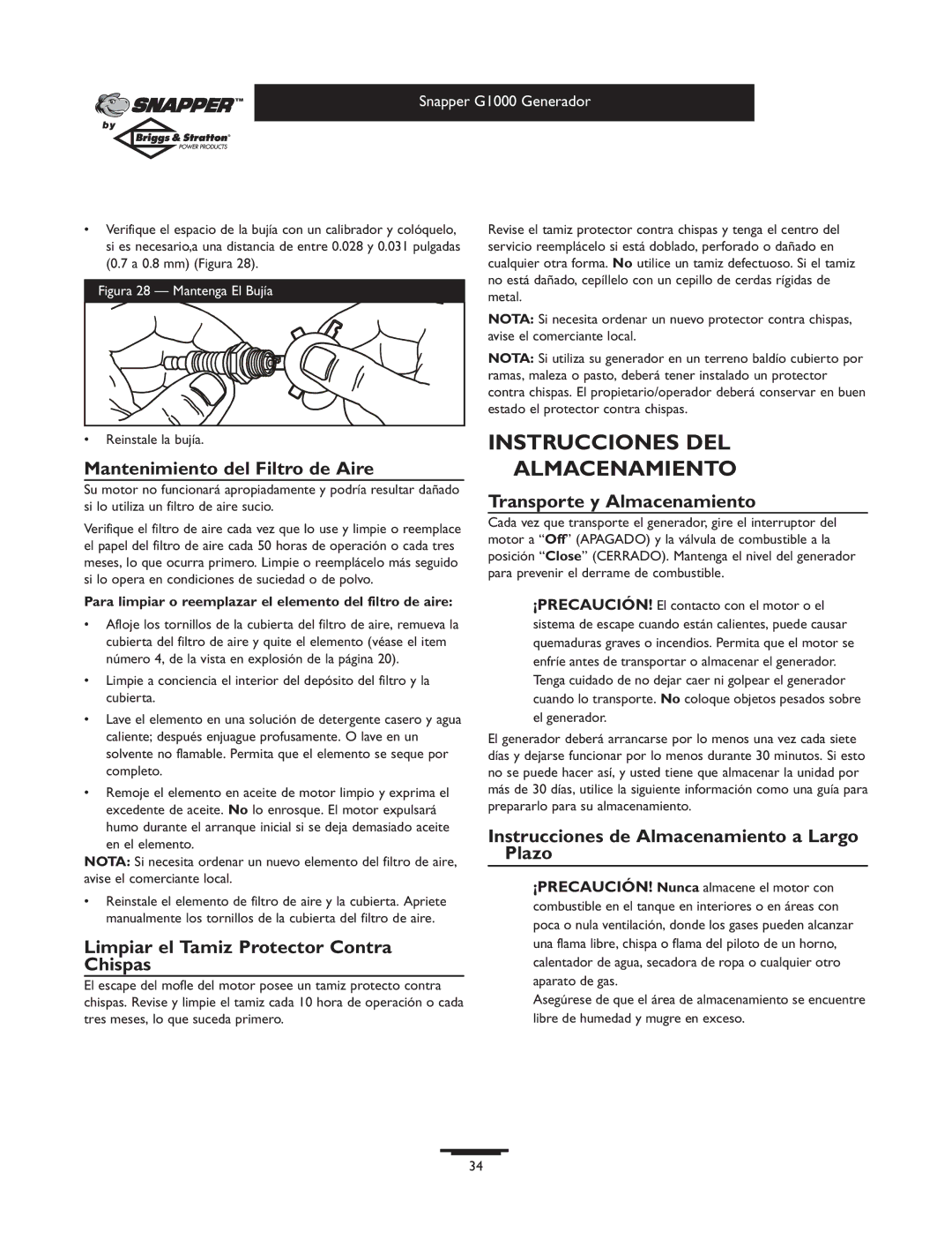 Snapper 1666-0 owner manual Instrucciones DEL Almacenamiento, Mantenimiento del Filtro de Aire, Transporte y Almacenamiento 