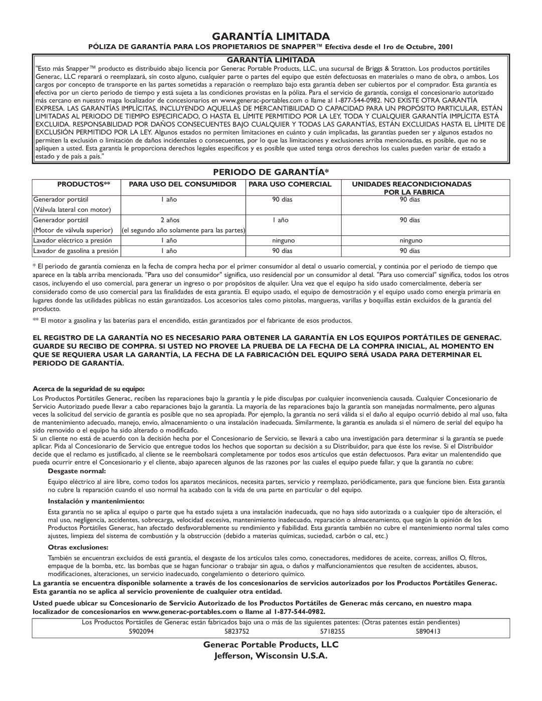 Snapper 1666-0 owner manual Garantía Limitada, Generac Portable Products, LLC Jefferson, Wisconsin U.S.A 