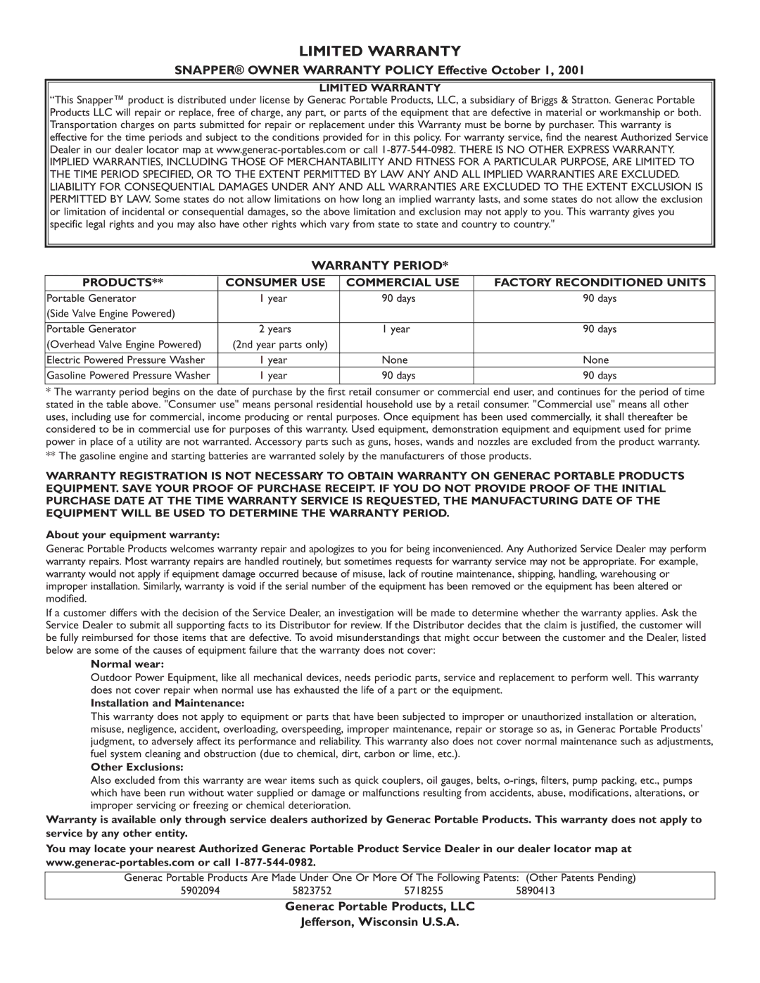 Snapper 1666-0 owner manual Snapper Owner Warranty Policy Effective October 1, About your equipment warranty, Normal wear 