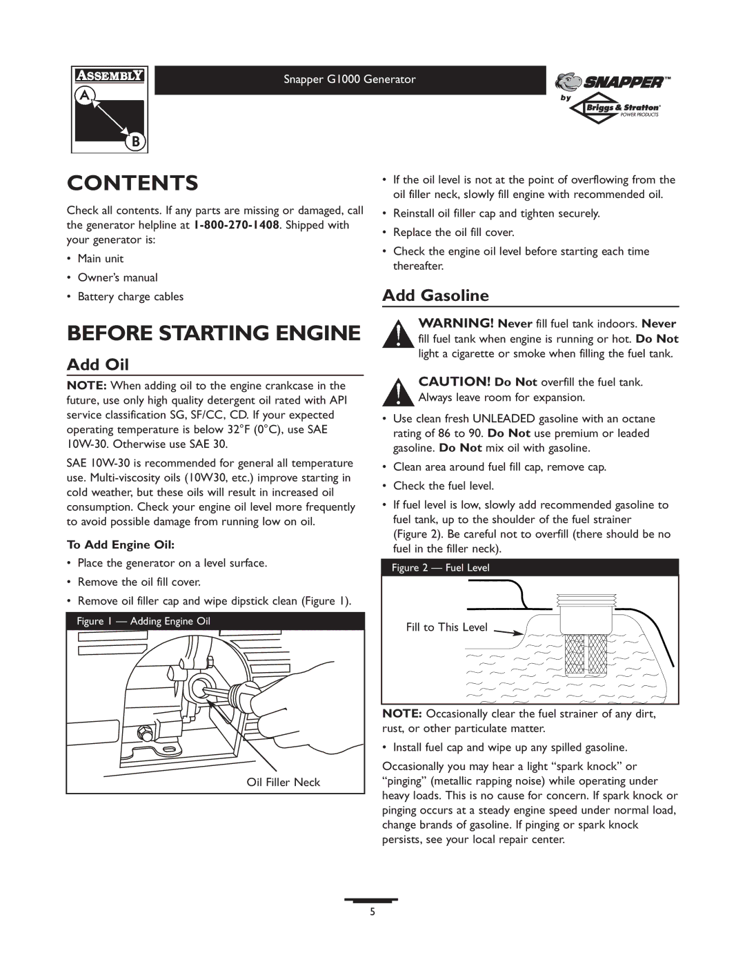 Snapper 1666-0 owner manual Contents, Before Starting Engine 