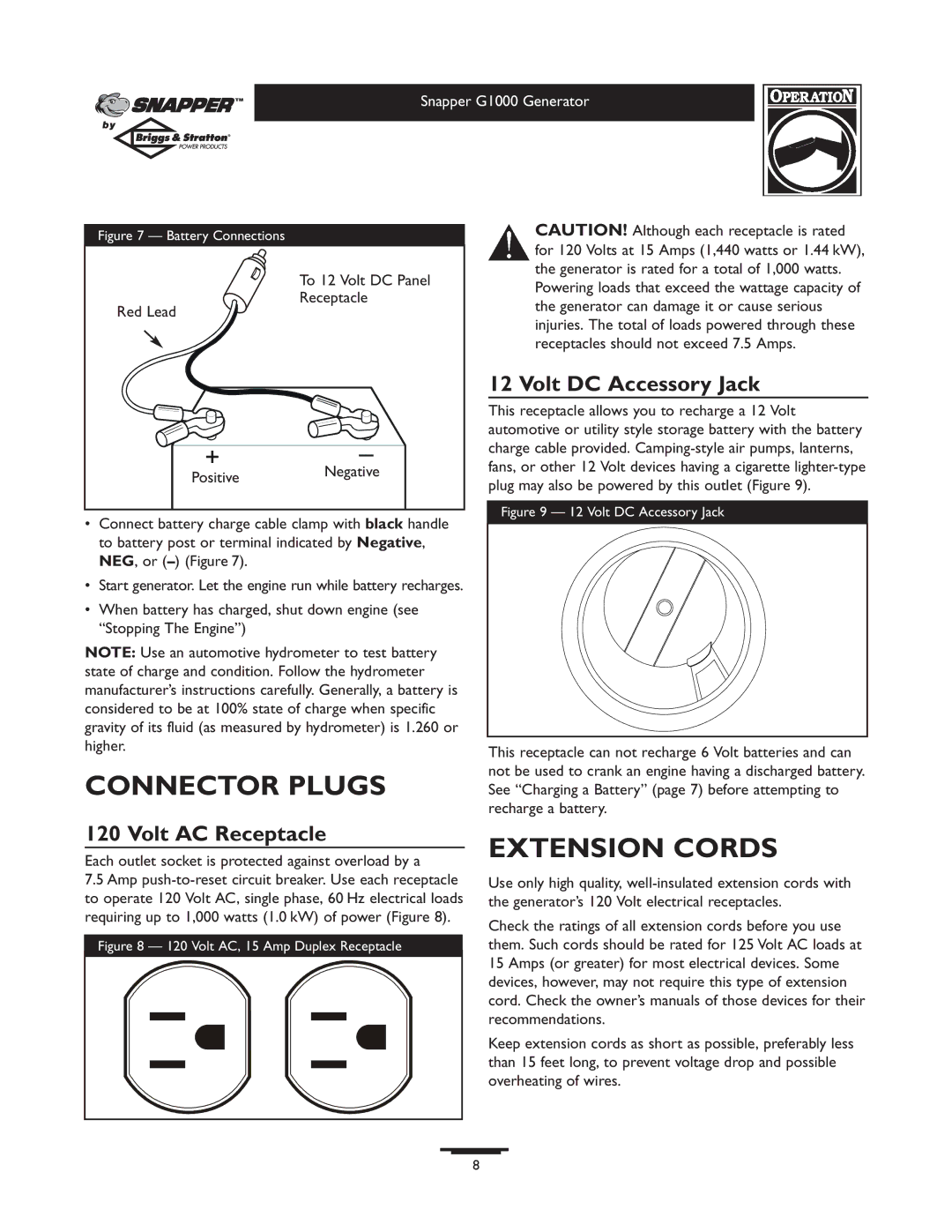 Snapper 1666-0 owner manual Connector Plugs, Extension Cords, Volt DC Accessory Jack, Volt AC Receptacle 