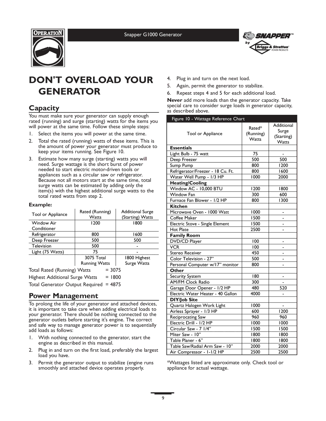 Snapper 1666-0 owner manual Dont Overload Your Generator, Capacity, Power Management, Example 