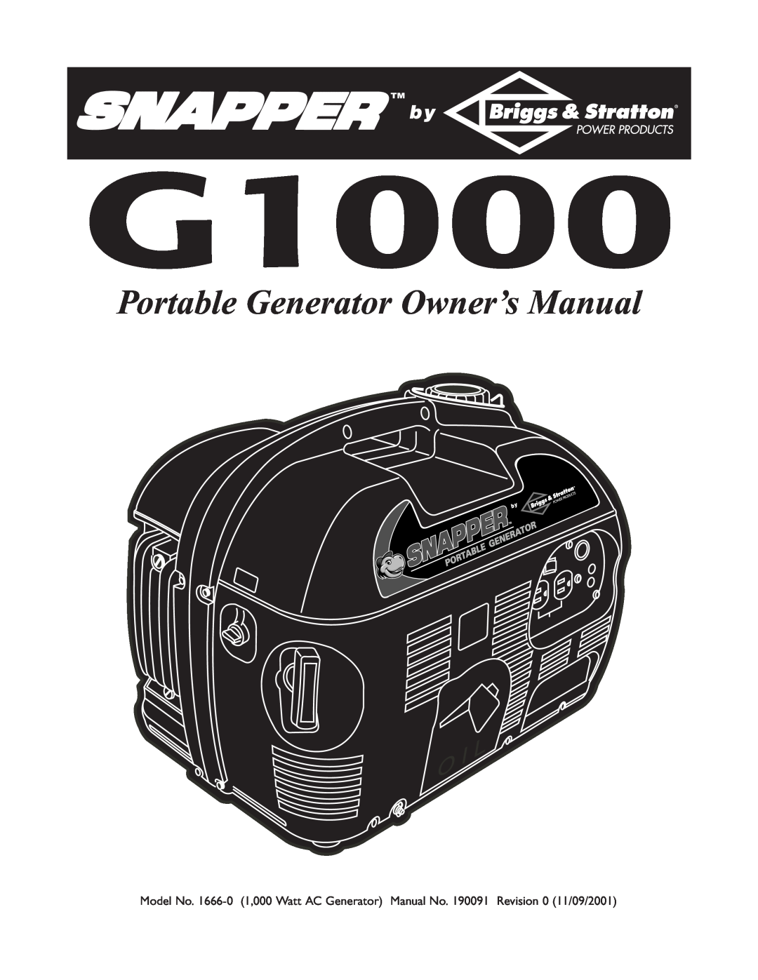 Snapper 1666-0 owner manual G1000, Portable Generator Owner’s Manual 