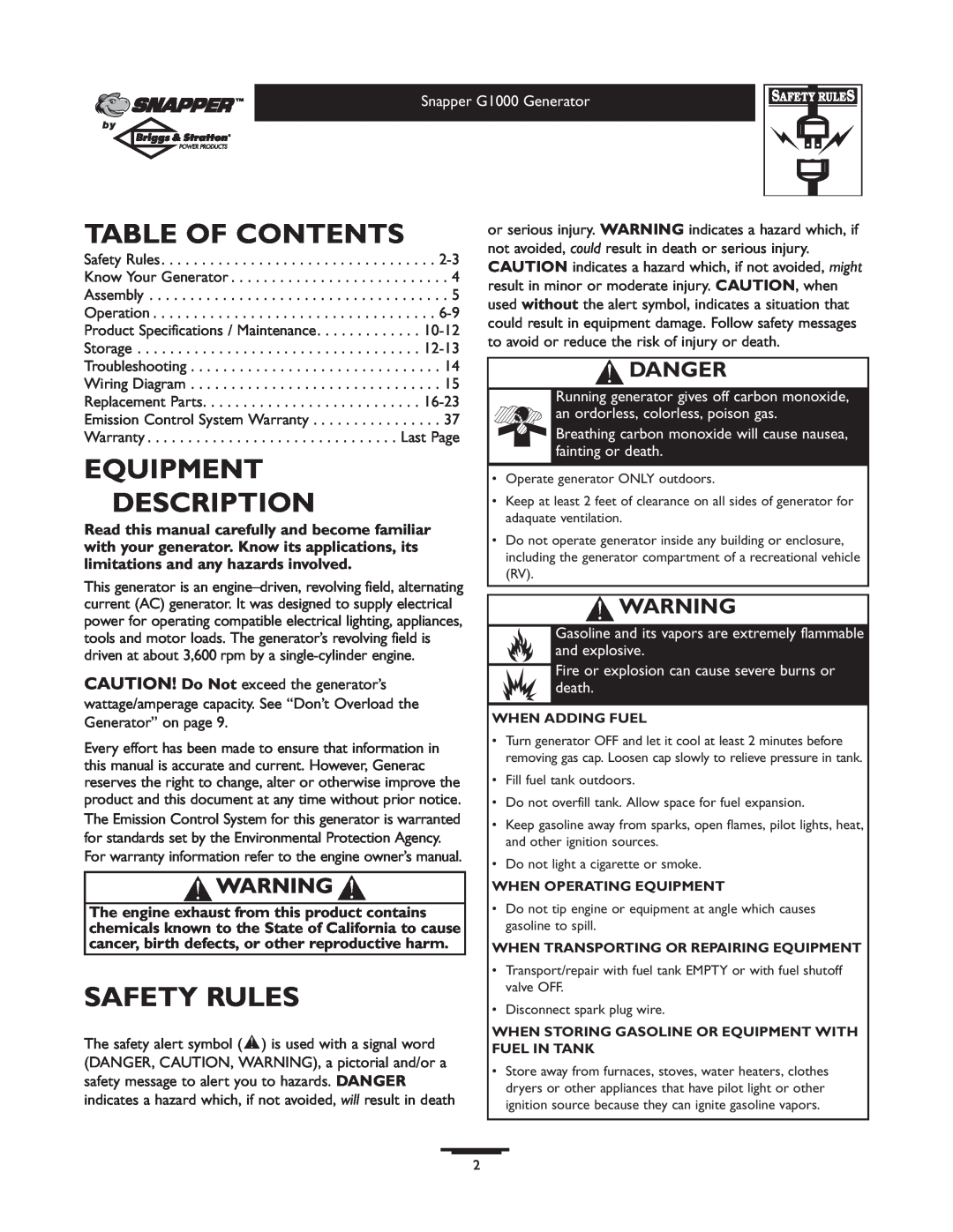 Snapper 1666-0 Table Of Contents, Equipment Description, Safety Rules, Danger, When Adding Fuel, When Operating Equipment 