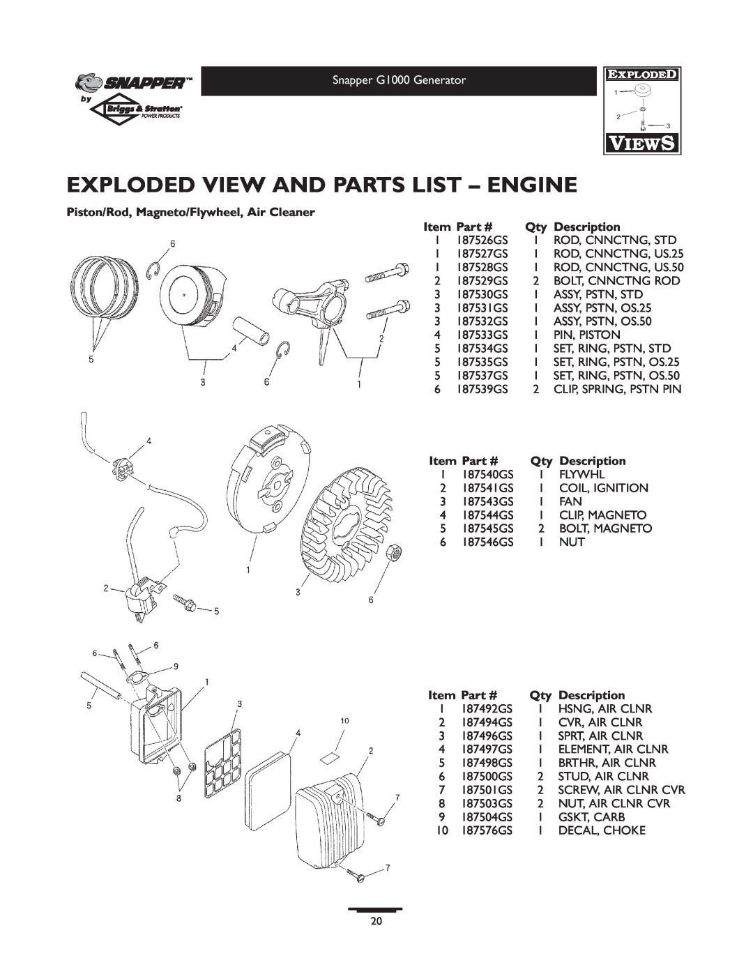 Snapper 1666-0 Exploded View And Parts List - Engine, ROD, CNNCTNG, US.25, ROD, CNNCTNG, US.50, SET, RING, PSTN, OS.25 