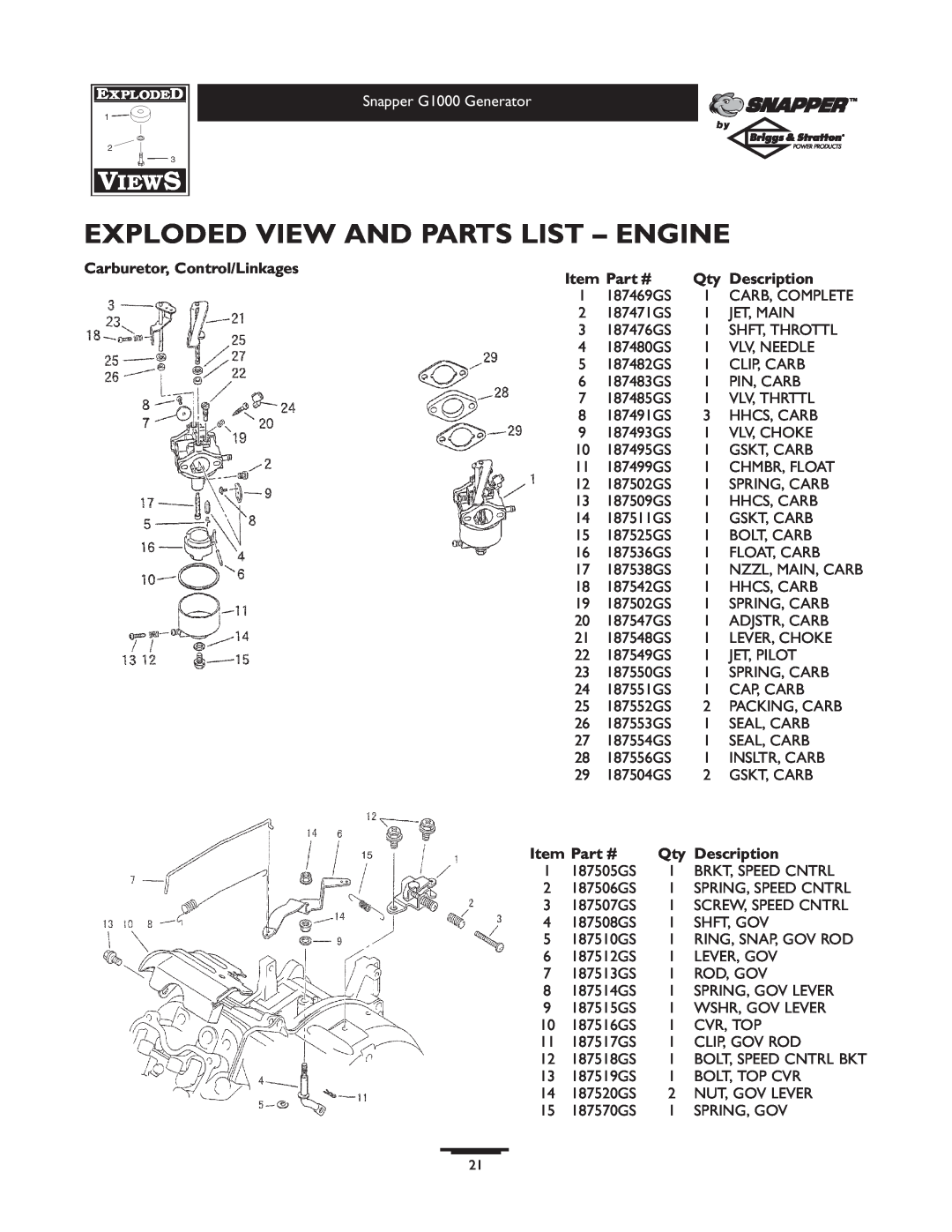 Snapper 1666-0 owner manual Exploded View And Parts List - Engine, Bolt, Speed Cntrl Bkt 
