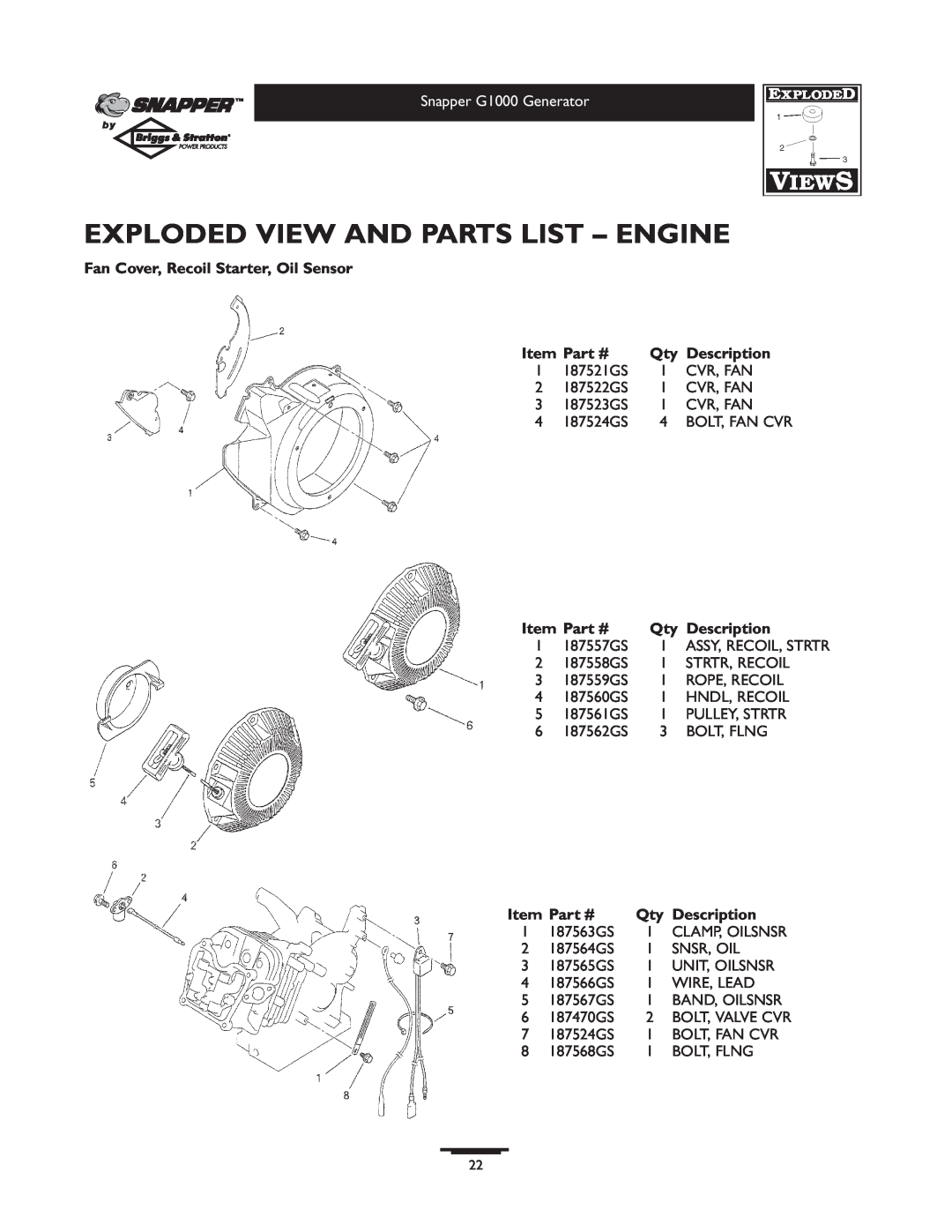 Snapper 1666-0 owner manual Exploded View And Parts List - Engine, Assy, Recoil, Strtr 