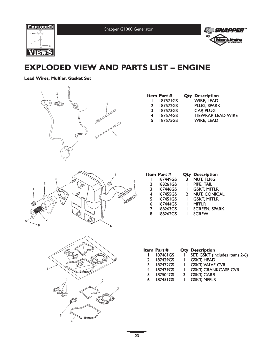 Snapper 1666-0 Exploded View And Parts List - Engine, Tiewrap, Lead Wire, Screen, Spark, SET, GSKT Includes items 
