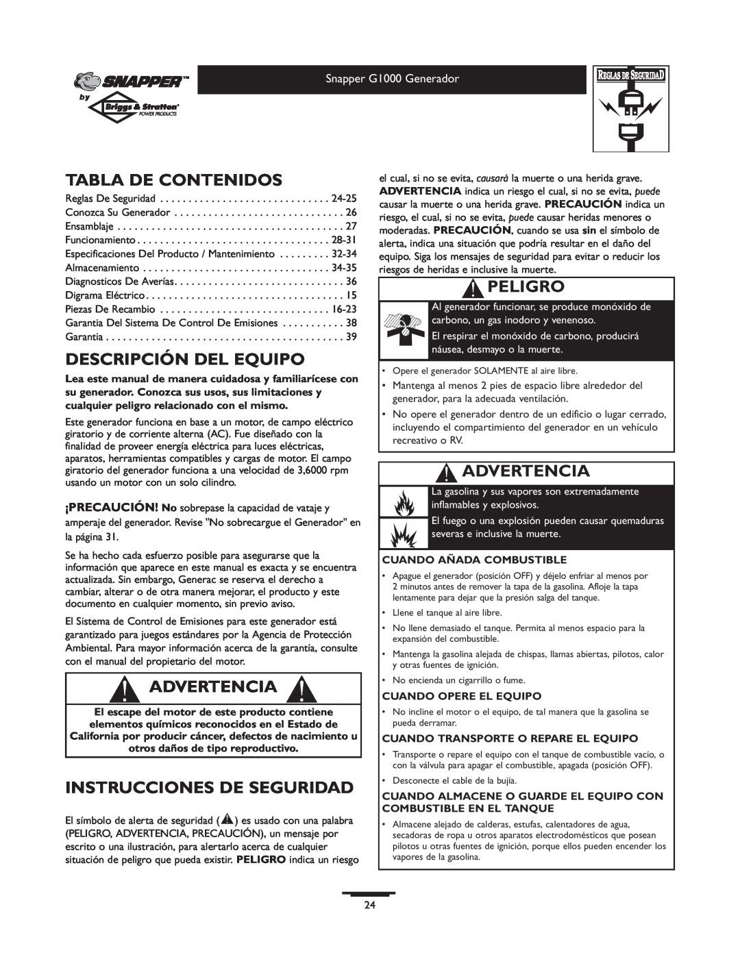 Snapper 1666-0 owner manual Tabla De Contenidos, Descripción Del Equipo, Advertencia, Instrucciones De Seguridad, Peligro 