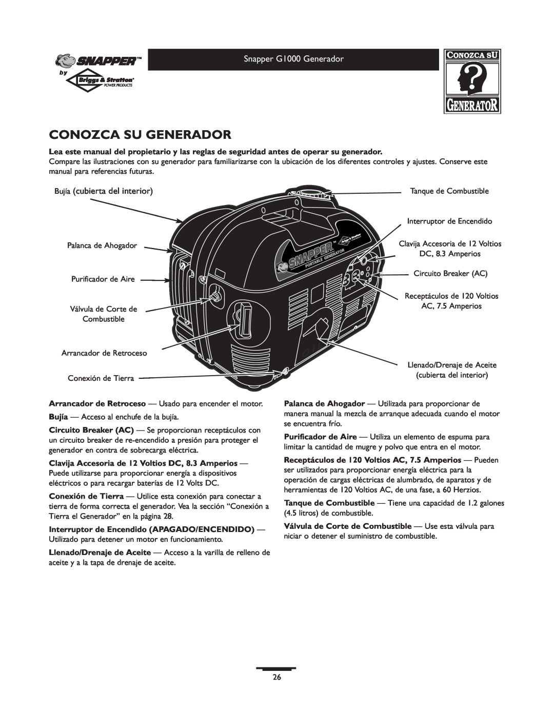 Snapper 1666-0 owner manual Conozca Su Generador, Bujía cubierta del interior 