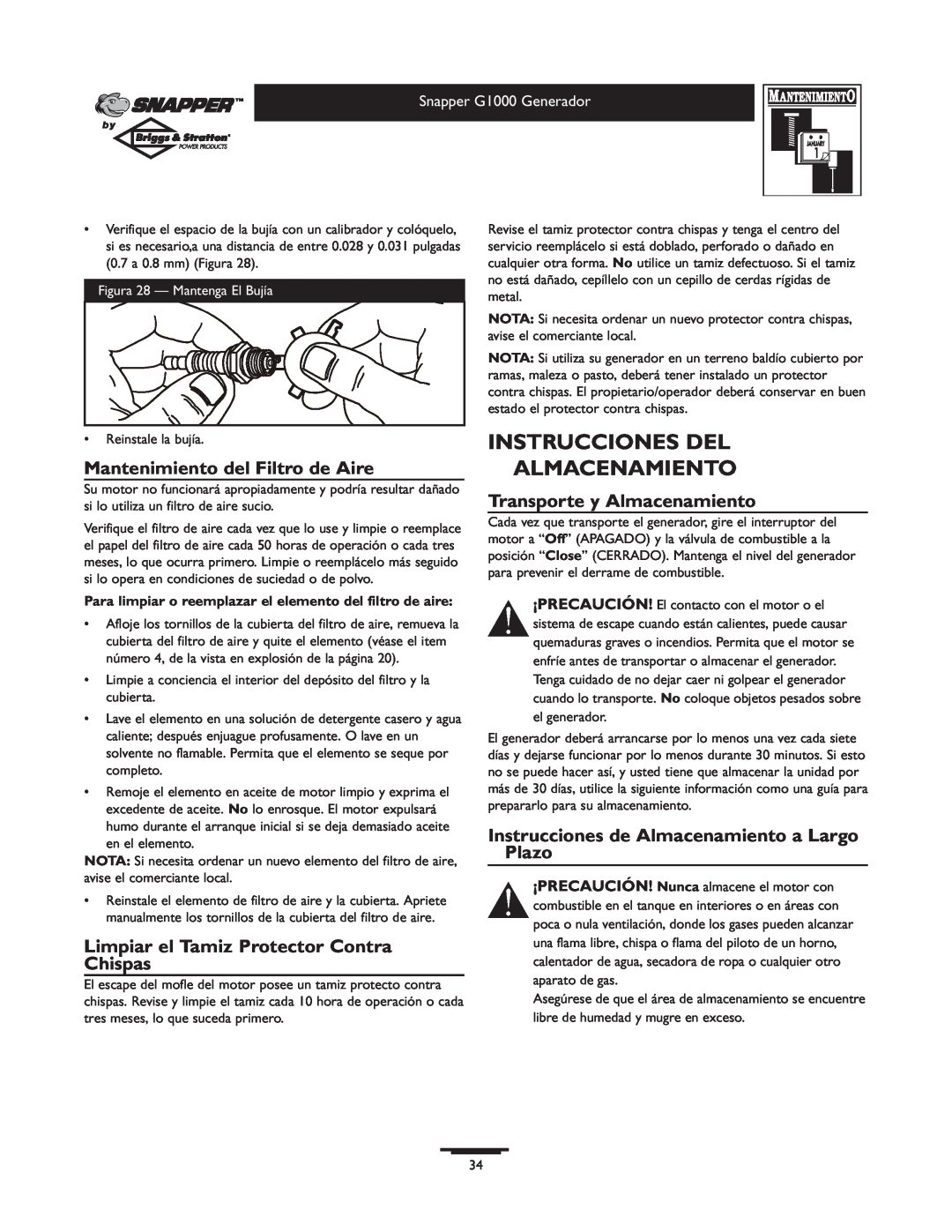 Snapper 1666-0 owner manual Instrucciones Del Almacenamiento, Mantenimiento del Filtro de Aire, Transporte y Almacenamiento 