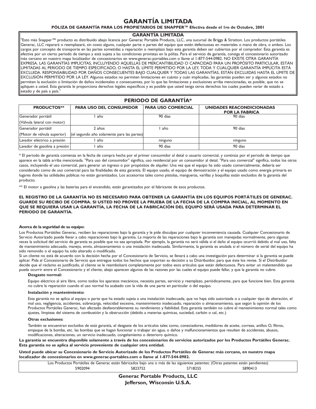 Snapper 1666-0 Garantía Limitada, Periodo De Garantía, Generac Portable Products, LLC Jefferson, Wisconsin U.S.A 