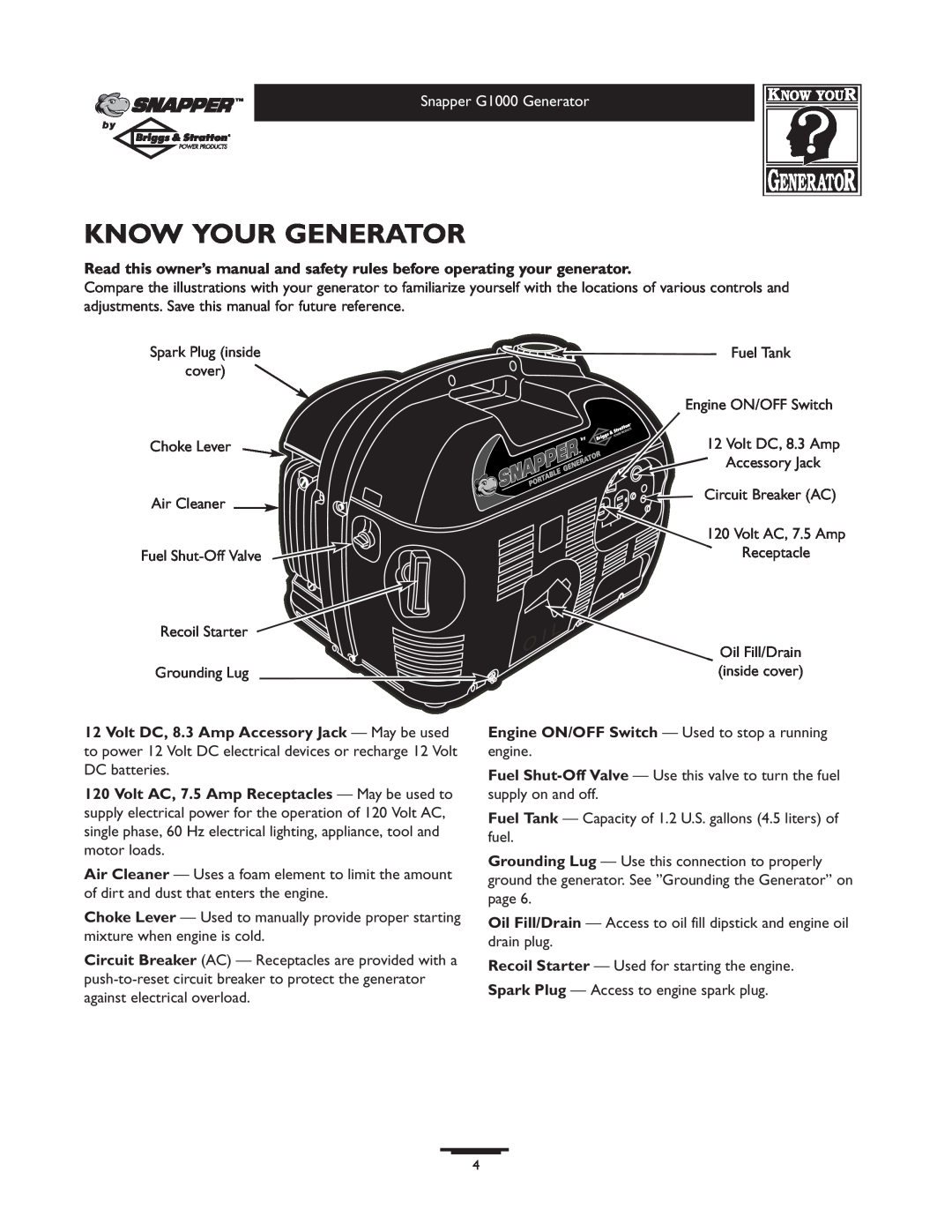 Snapper 1666-0 owner manual Know Your Generator 