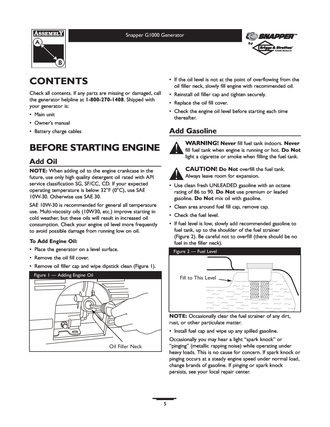 Snapper 1666-0 owner manual Contents, Before Starting Engine, Add Oil, Add Gasoline 