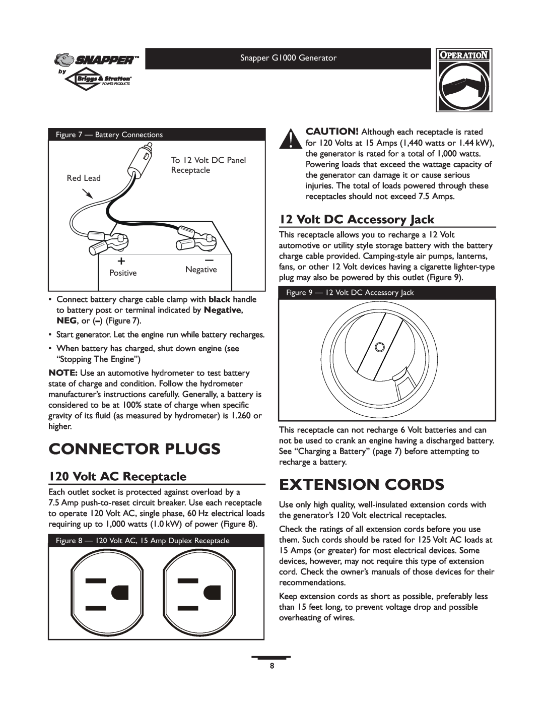 Snapper 1666-0 owner manual Connector Plugs, Extension Cords, Volt DC Accessory Jack, Volt AC Receptacle 