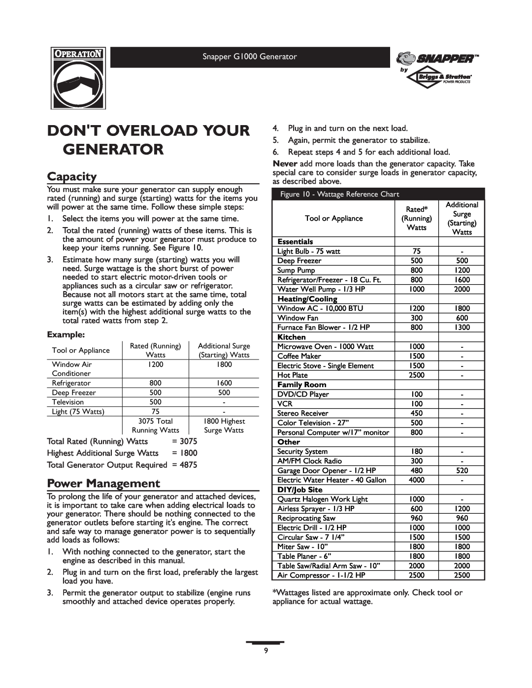 Snapper 1666-0 owner manual Dont Overload Your Generator, Capacity, Power Management 
