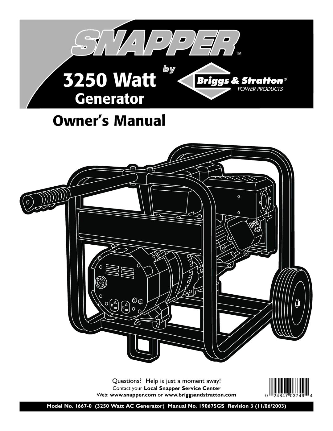 Snapper 1667-0 owner manual Watt, Contact your Local Snapper Service Center 