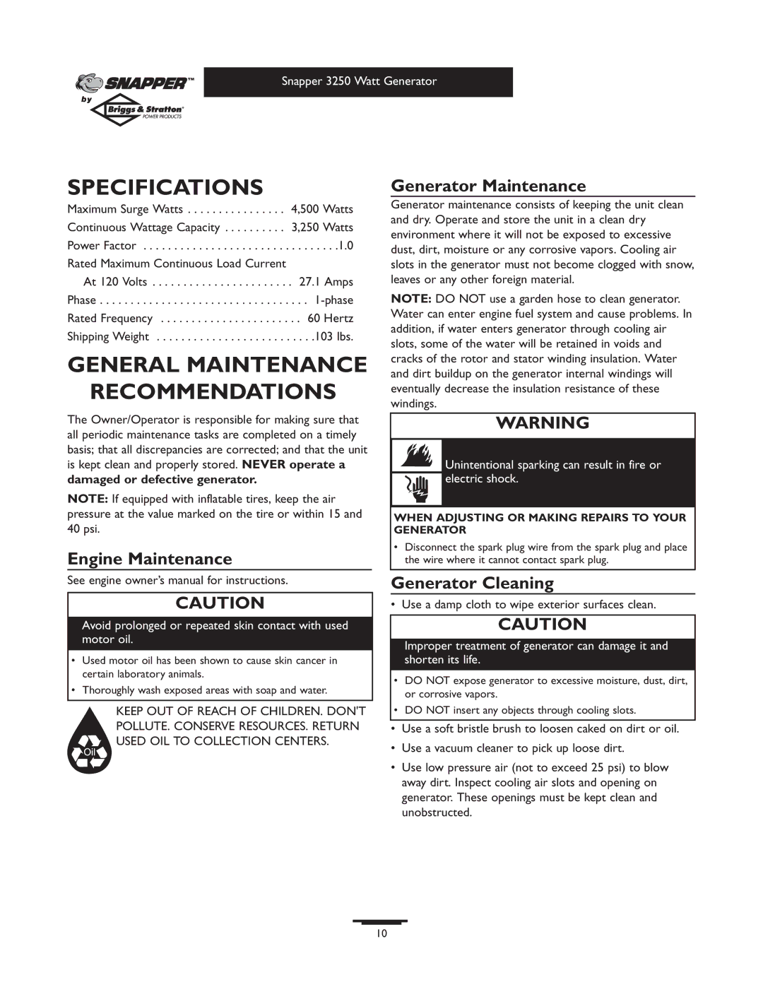 Snapper 1667-0 owner manual Specifications, General Maintenance Recommendations, Engine Maintenance, Generator Maintenance 