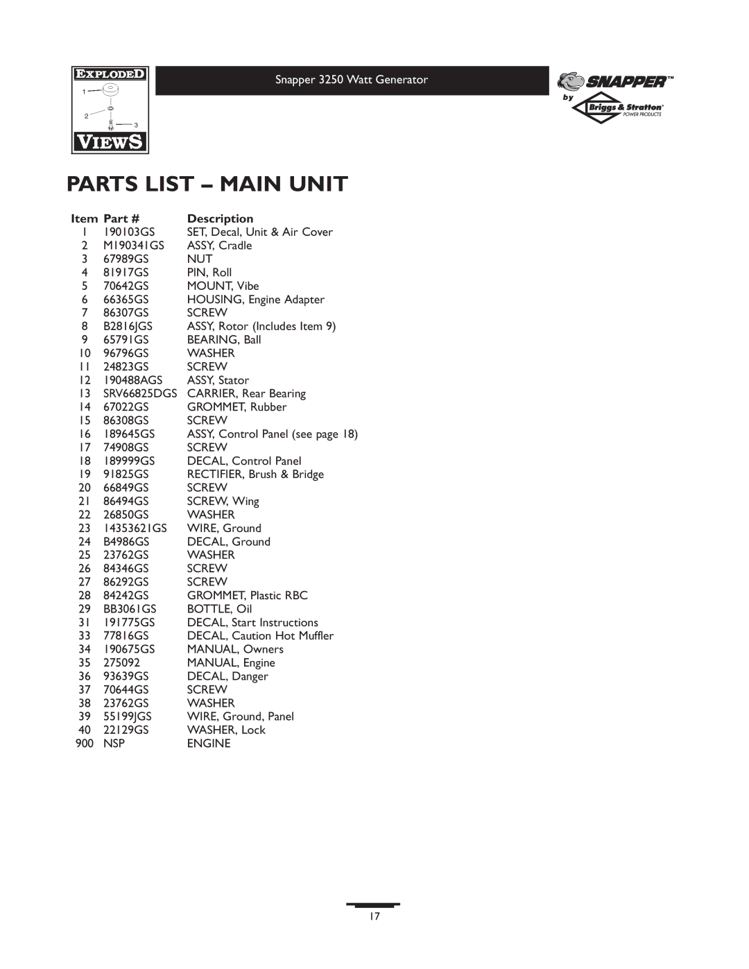 Snapper 1667-0 owner manual Parts List Main Unit, Description 