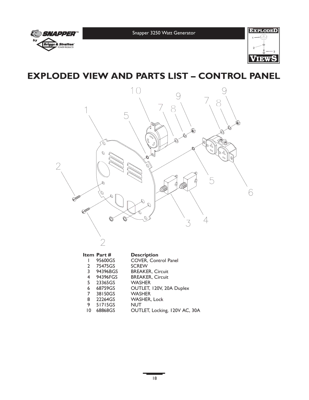 Snapper 1667-0 owner manual Exploded View and Parts List Control Panel 