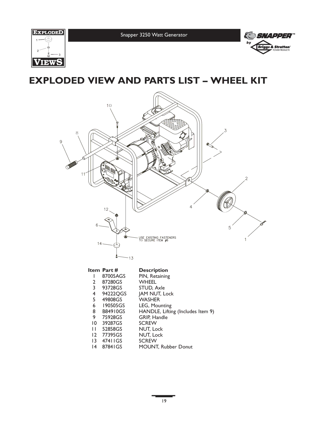 Snapper 1667-0 owner manual Exploded View and Parts List Wheel KIT 