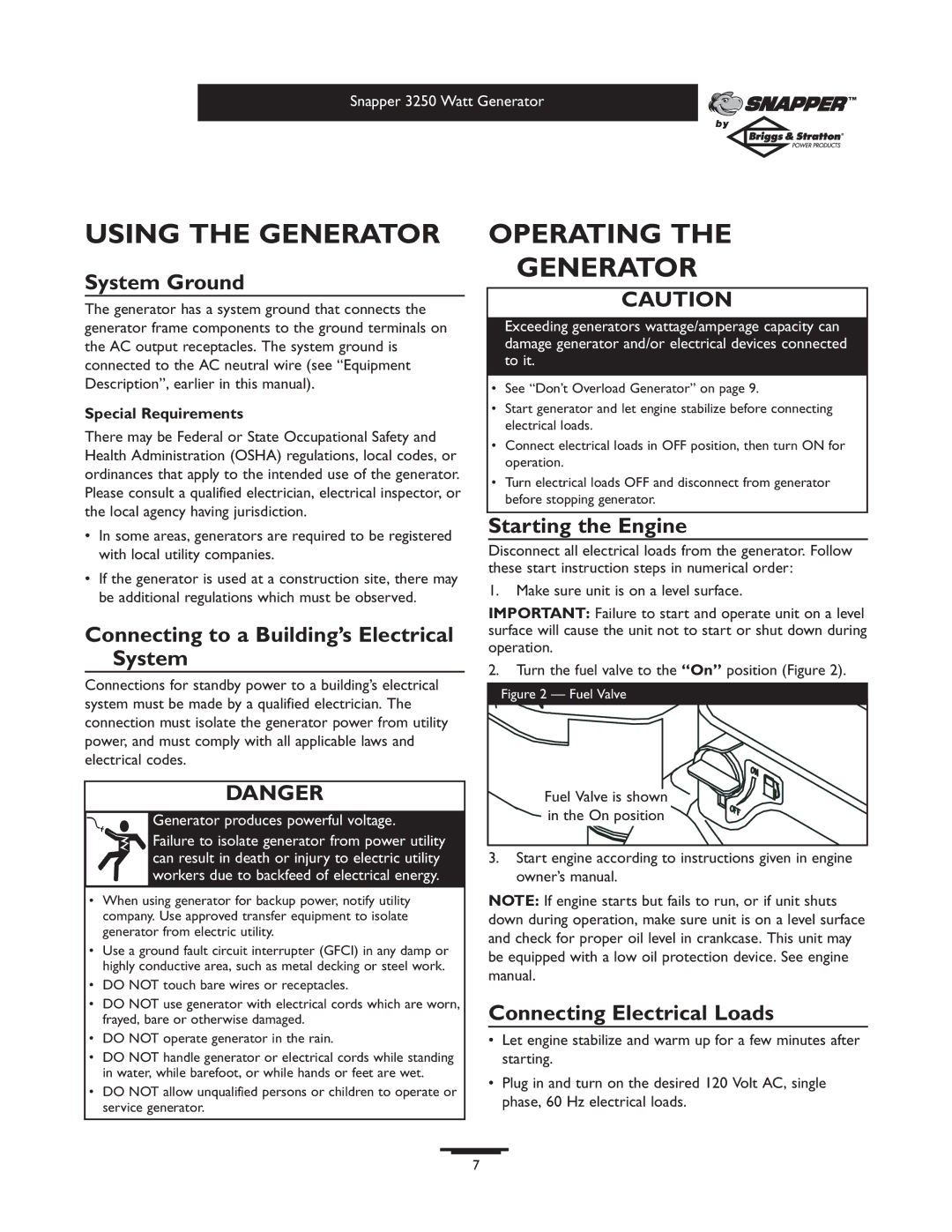 Snapper 1667-0 owner manual Using the Generator, Operating Generator 