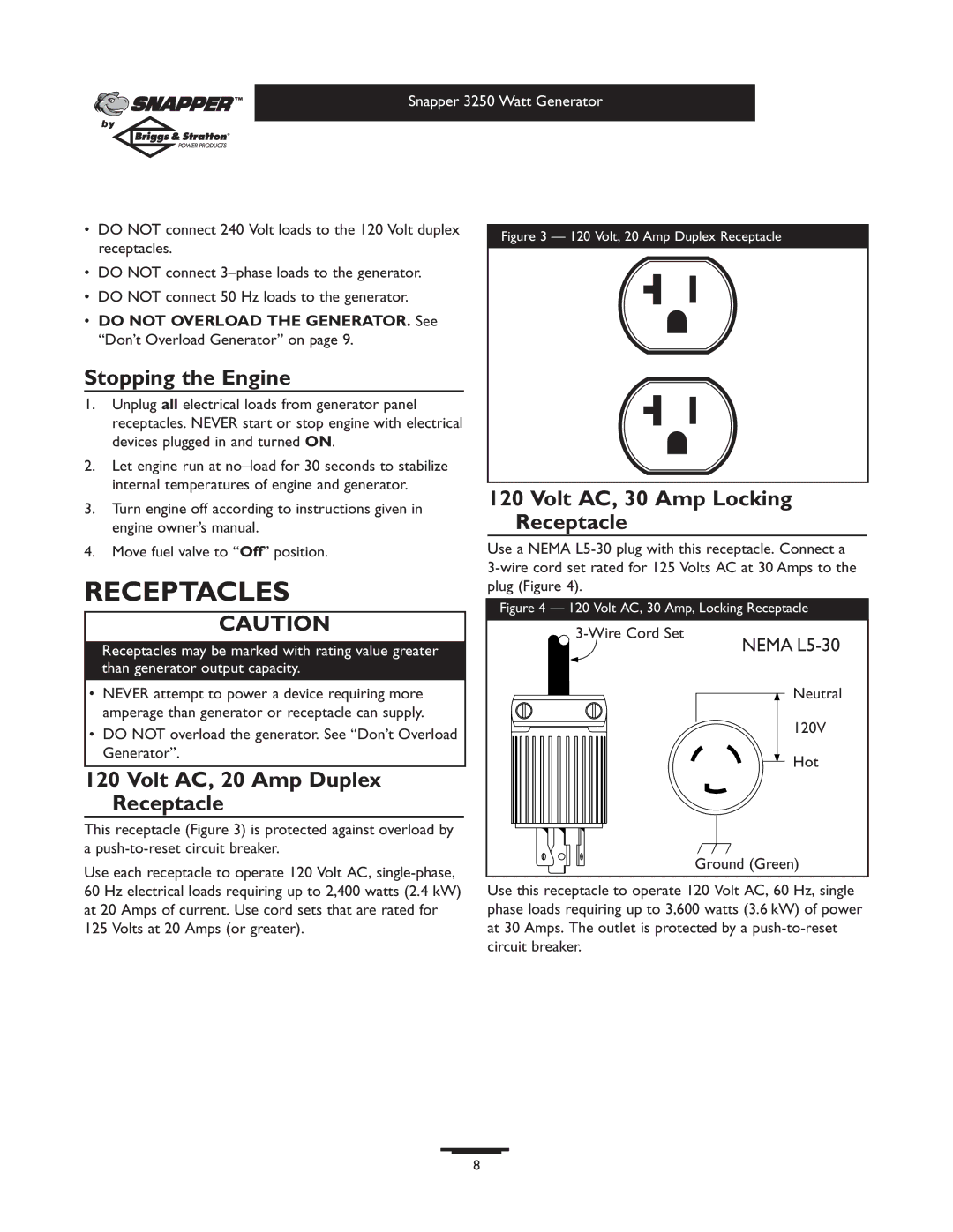 Snapper 1667-0 Receptacles, Stopping the Engine, Volt AC, 20 Amp Duplex Receptacle, Volt AC, 30 Amp Locking Receptacle 